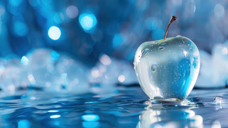 A stunning closeup of a transparent apple floating on water, surrounded by ice cubes and illuminated by blue bokeh lights, creating a dreamy atmosphere.の素材