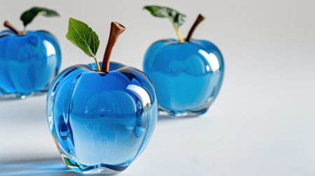 A set of three blue glass apples with green leaves and brown stems arranged on a minimalist background, showcasing elegance and modern art.の素材