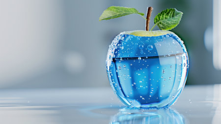 A visually striking image of an apple-shaped gel filled with blue liquid and bubbles, topped with a green leaf, perfect for food and beverage creativity.の素材