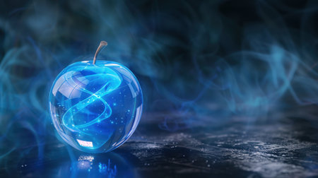 A stunning glass apple with a mesmerizing blue light swirl effect, set against a dark and mysterious background, perfect for artistic designs and creative projects.の素材