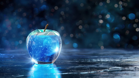 A stunning visual of a glowing apple reflecting cosmic elements, set against a soft bokeh background. Ideal for imaginative themes and creative projects.の素材