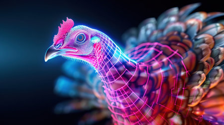 This stunning image features a futuristic and colorful turkey, showcasing intricate details and vibrant neon colors in a geometric design. Ideal for creative projects.の素材
