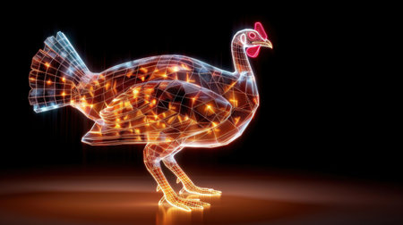 This striking digital illustration features a wireframe turkey glowing with geometric shapes, perfect for showcasing modern design in festive themes.の素材
