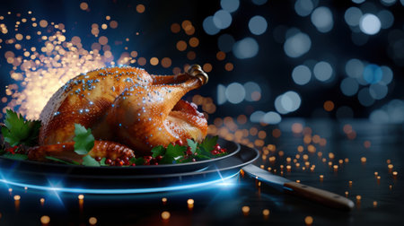 A stunning roast chicken displayed on an elegant plate, surrounded by vibrant herbs. The bokeh lights create a festive atmosphere, perfect for gatherings.の素材