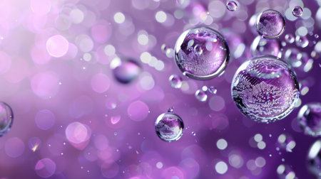 This image captures sparkling bubbles floating against a soft purple background, creating an artistic and dreamy atmosphere perfect for creative projects.の素材