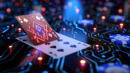 A striking image featuring playing cards set against a circuit board background and casino chips. The vibrant colors and neon lights create a dynamic atmosphere.の素材