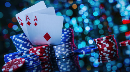 This captivating image features a dynamic poker scene showcasing three aces amidst vibrant chips and a beautiful bokeh background, perfect for gaming projects.の素材