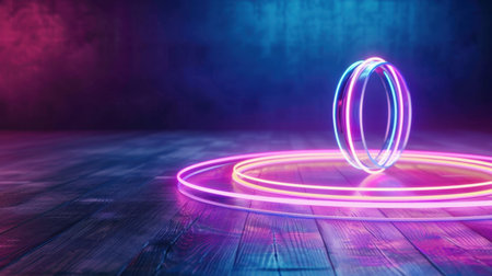 Vibrant neon glowing rings create a stunning visual display on a wooden floor in a dark room, setting a captivating atmosphere for creative projects.の素材
