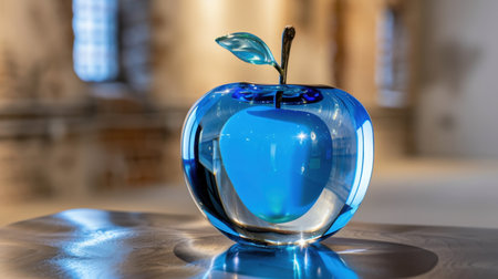 This exquisite blue glass apple figurine features a delicate leaf and is showcased on a wooden surface, enhancing any modern interior decor.の素材