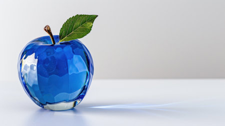 A striking blue decorative glass apple with a green leaf, elegantly placed on a smooth white surface, perfect for enhancing modern interior decor.の素材