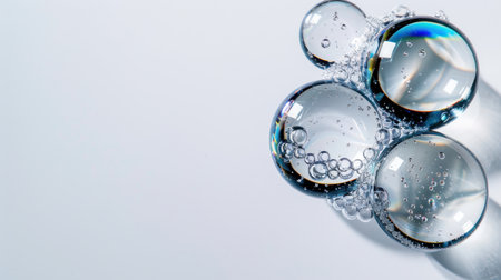This artistic image captures clear water bubbles interspersed with air bubbles on a light background, creating a serene and refreshing feel.の素材
