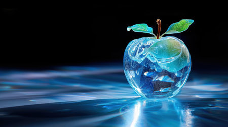 A stunning glass apple captures attention with its vibrant leaf and mesmerizing blue light. Perfect for artistic and creative projects.の素材