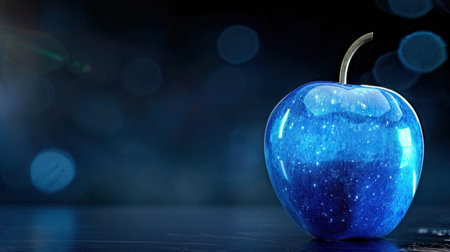 A stunning blue apple with a shimmering surface, set against a starry background, creates an intriguing visual perfect for imaginative artwork and concepts.の素材
