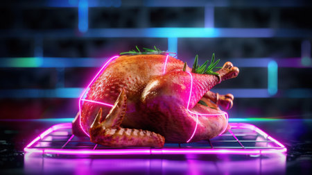 A beautifully roasted turkey placed on a grill, surrounded by glowing neon lights and sprigs of rosemary, perfect for festive occasions and culinary displays.の素材