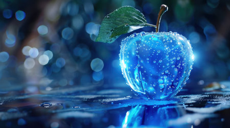 A stunning close-up of a glowing blue apple adorned with water droplets, resting on a reflective surface, surrounded by a softly blurred background.の素材