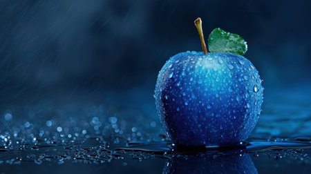 A stunning blue apple shines with dew drops on its surface, set against a dark, rainy backdrop. This image captures the essence of freshness and nature's beauty.の素材