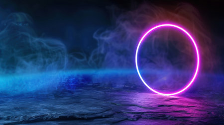A captivating neon circle emits vibrant light amid ethereal smoke against a dark background. This image embodies modern artistic elements and surreal atmosphere perfect for digital and print designs.の素材