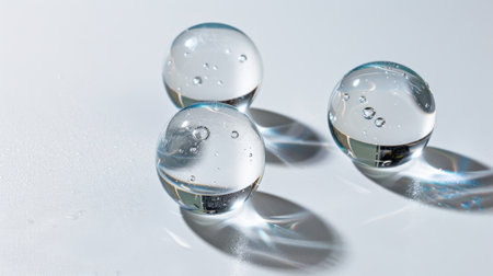 This image features three clear glass spheres, each containing tiny bubbles, artfully arranged on a smooth surface. The bubbles enhance the aesthetic by reflecting light beautifully, creating a serene and captivating visual effect.の素材