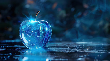 A mesmerizing blue apple glimmers on a sleek surface, surrounded by a starry background that creates a magical and enchanting atmosphere.の素材