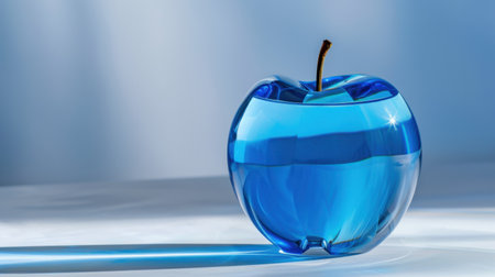 A mesmerizing blue glass apple figurine that showcases modern artistry. This piece features a sleek design, captivating light reflections, and soft shadows.の素材