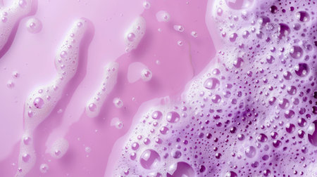 This captivating close-up image showcases pink soap bubbles on a smooth surface, highlighting reflections and vibrant colors, perfect for beauty and cleaning themes.の素材