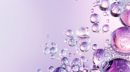 This image features delicate water droplets and bubbles against a soft purple background, creating a soothing and elegant atmosphere with vibrant reflections.の素材