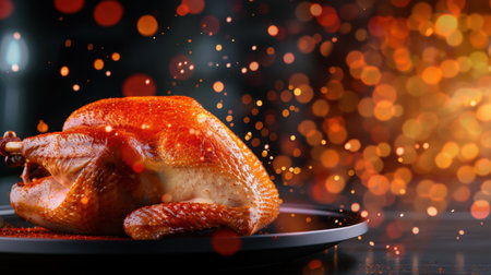 A beautifully roasted turkey glistens on a dark plate, surrounded by a warm bokeh backdrop, creating an inviting atmosphere for festive meals.の素材