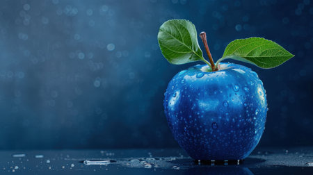 This image features a glossy blue apple adorned with water droplets and green leaves, set against a dark blue background, highlighting freshness and vitality.の素材