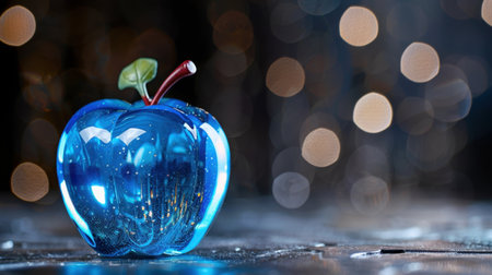 This captivating blue glass apple features a glossy finish and sparkling details, set against a beautiful bokeh background. Perfect for modern decor.の素材