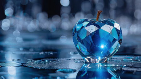 A vibrant blue crystal apple centerpiece glistens on a reflective surface, adorned with water drops, set against a background of soft bokeh lights.の素材