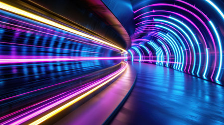 A mesmerizing view of a futuristic neon light tunnel, showcasing vibrant colors that create a dynamic and abstract motion effect, perfect for a modern design.の素材