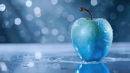 A captivating close-up of a fresh blue apple adorned with dew drops, resting on a reflective surface, illuminated by soft light and blurry background.の素材