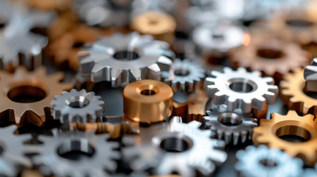 A captivating close-up of assorted metal gears displaying various finishes and sizes, ideal for representing industrial machinery and engineering concepts.の素材