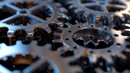 This high-quality image features a close-up view of interlocking metal gears, highlighting the intricate details of mechanical design and industrial precision.の素材
