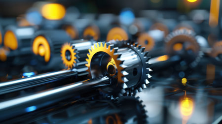 An intricate arrangement of metallic gears and shafts exhibits a captivating interplay of light and reflection, showcasing detailed craftsmanship and engineering precision.の素材