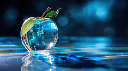 A captivating crystal apple rests on a shimmering blue surface, reflecting vibrant light and showcasing the beauty of natureの素材