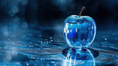 This captivating image features a blue apple with water droplets, sitting on a shiny surface bathed in soft light, evoking a sense of tranquility and elegance.の素材