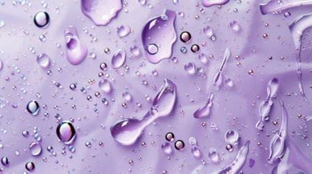This stunning close-up image captures water droplets resting on a smooth purple surface. The vivid reflections and intricate textures create a visually appealing background.の素材