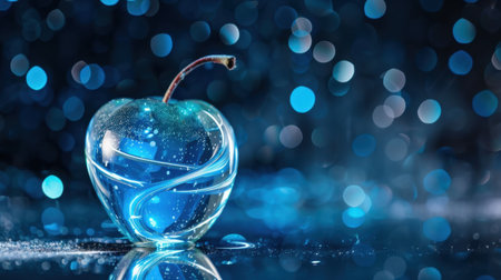 A mesmerizing blue apple sits elegantly on a glossy surface, surrounded by shimmering bokeh lights, creating a dreamy and magical atmosphere.の素材