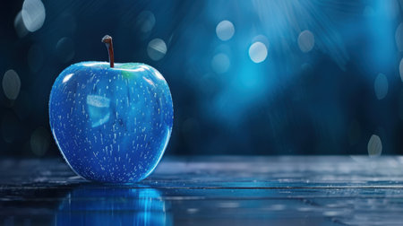 This close-up image features a shiny blue apple resting on a dark surface, illuminated by a gentle bokeh effect. The scene creates a mystical and vibrant aesthetic, perfect for creative projects.の素材