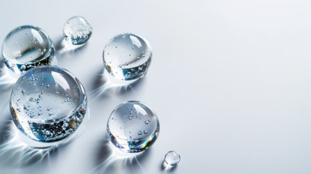 This image showcases a collection of clear water droplets resting on a smooth surface, highlighting their reflections and intricate details.の素材