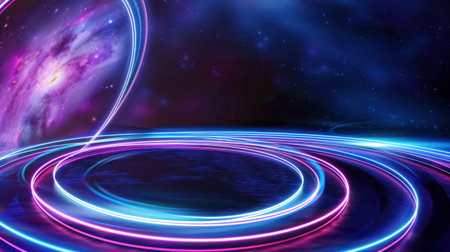 This stunning abstract image features vibrant light trails swirling in a cosmic galaxy setting, creating an enchanting and dreamlike atmosphere in space.の素材