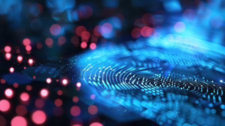 This captivating image features an abstract digital fingerprint illuminated by glowing lights, capturing the essence of technology and innovation.の素材