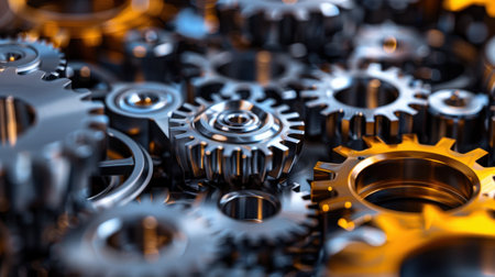 Explore a captivating close-up of various metallic gears showcasing intricate details and glossy finishes, perfect for industrial or technological themes.の素材