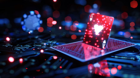 A stunning visual featuring a vibrant playing card adorned with hearts set against a mesmerizing circuit background with neon colors and bokeh effects.の素材