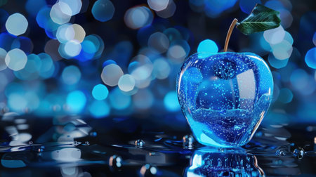 A captivating blue apple sits gracefully on a reflective surface, adorned with water droplets, creating an alluring interplay of light and color.の素材