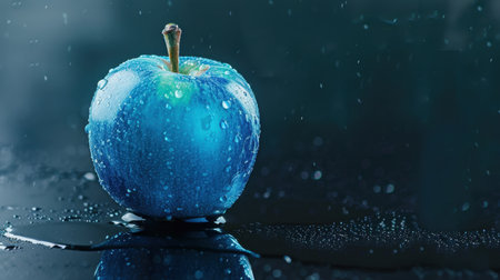 This stunning image features a fresh blue apple adorned with glistening water drops against a dark background, perfect for health and beauty themes.の素材