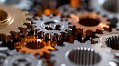 This image showcases a detailed close-up of interlocking metal gears, highlighting their intricate designs and shiny metallic surfaces in an industrial backdrop.の素材