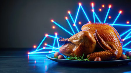 A beautifully roasted turkey, garnished with herbs, sits on a plate, illuminated by vibrant LED lights, creating a festive atmosphere perfect for holidays.の素材