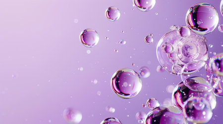 This captivating image features a collection of transparent soap bubbles floating gracefully against a vibrant purple background, radiating beauty and creativity.の素材